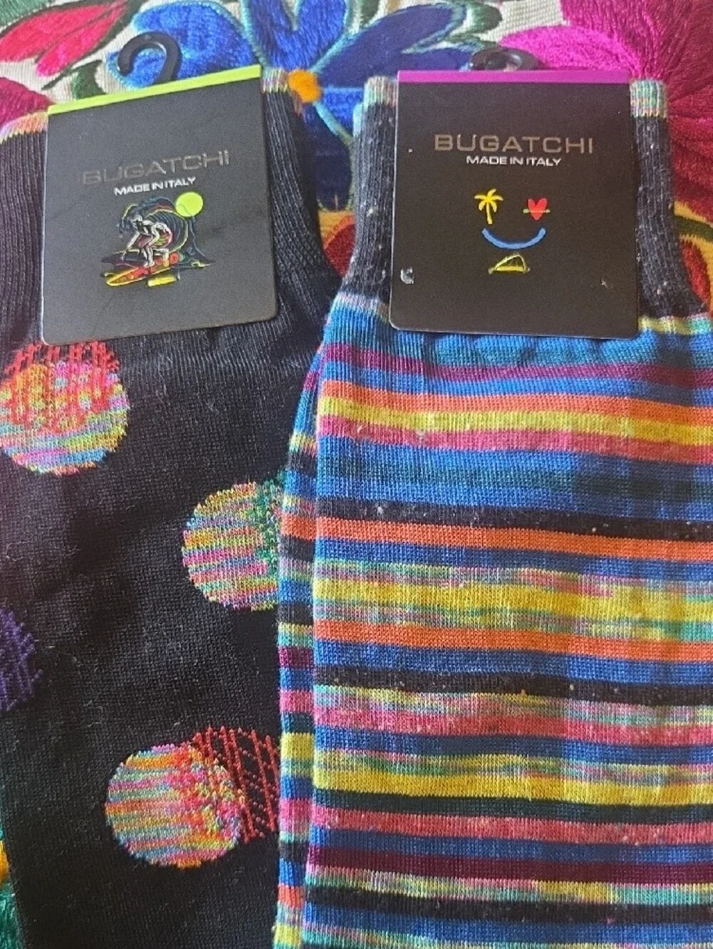 Bugatchi Black Polka Dot & Multicolor Striped Dress Socks - Two-Pairs